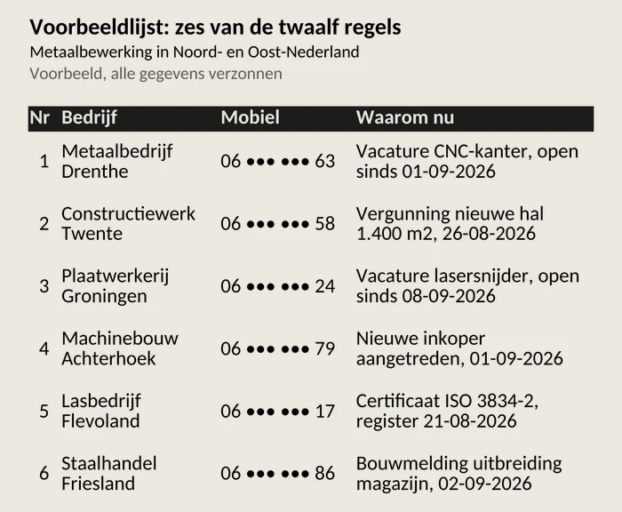 Schermafdruk van zes regels uit een geleverde voorbeeldlijst, met bedrijf, mobiel nummer en de reden om nu te bellen