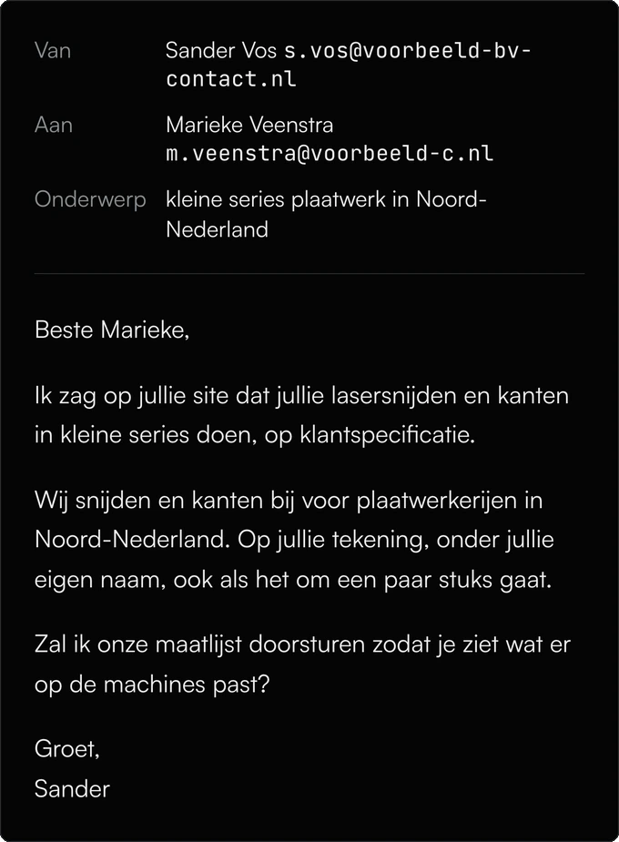 De verstuurde mail in platte tekst, met afzender, onderwerp en de tekst